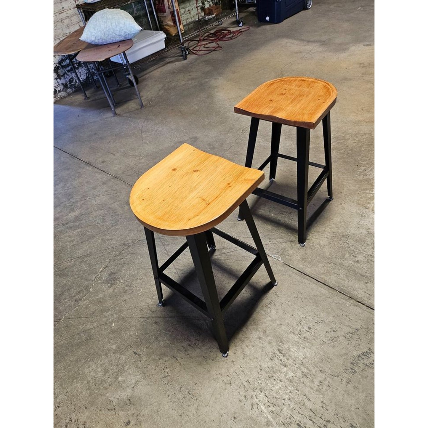 Set of Two Metal Frame Half Round Wood Seat Barstools