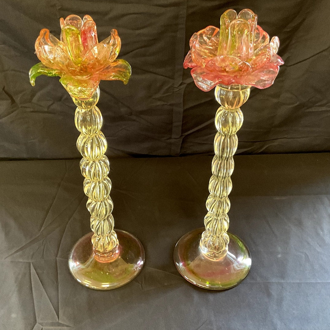 Vintage Venetian Blown Glass Floriform Candle Holders - Pair