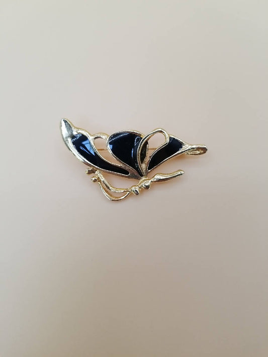Elegant Gold Tone Blue Enamel Leaf Brooch Pin