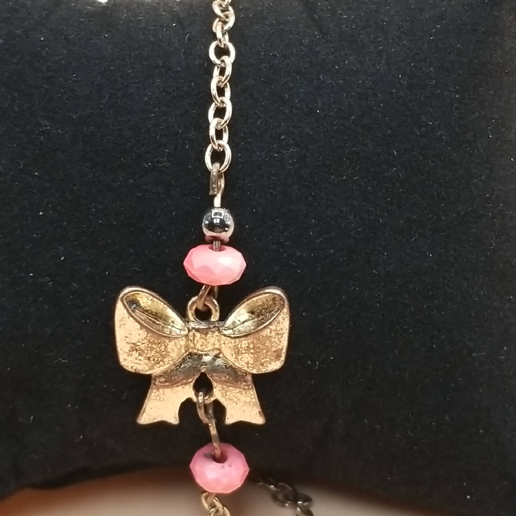 Stunning Bow Charm Bracelet with Pink Beads and Chain