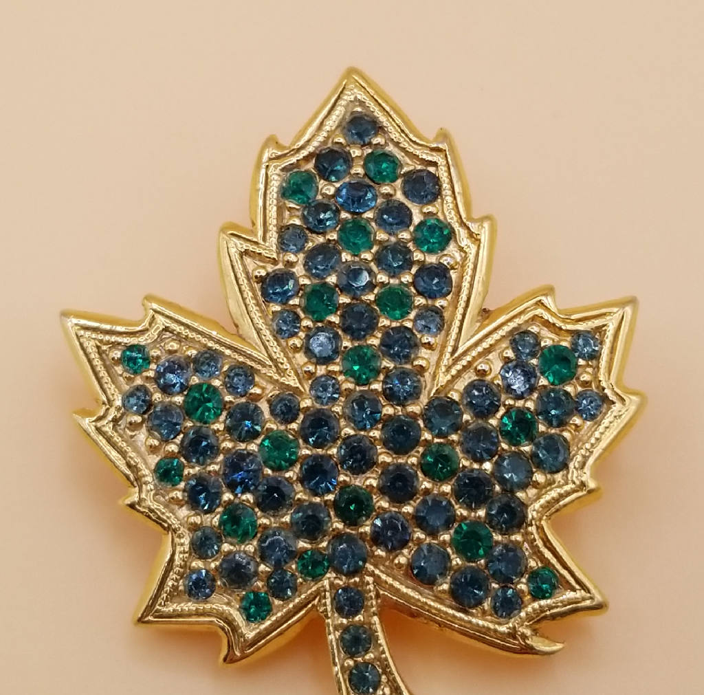 Stunning Blue and Green Rhinestone Leaf Brooch Pin