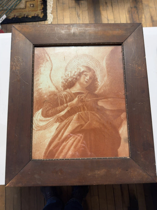 Antique Framed "Angel Playing Violin" Sepia Print in Wood Frame 17.5 x 20