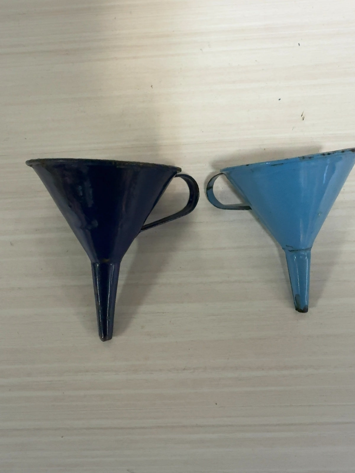 Vintage Enamelware Funnels Set of 2 Cobalt & Light Blue with Handles