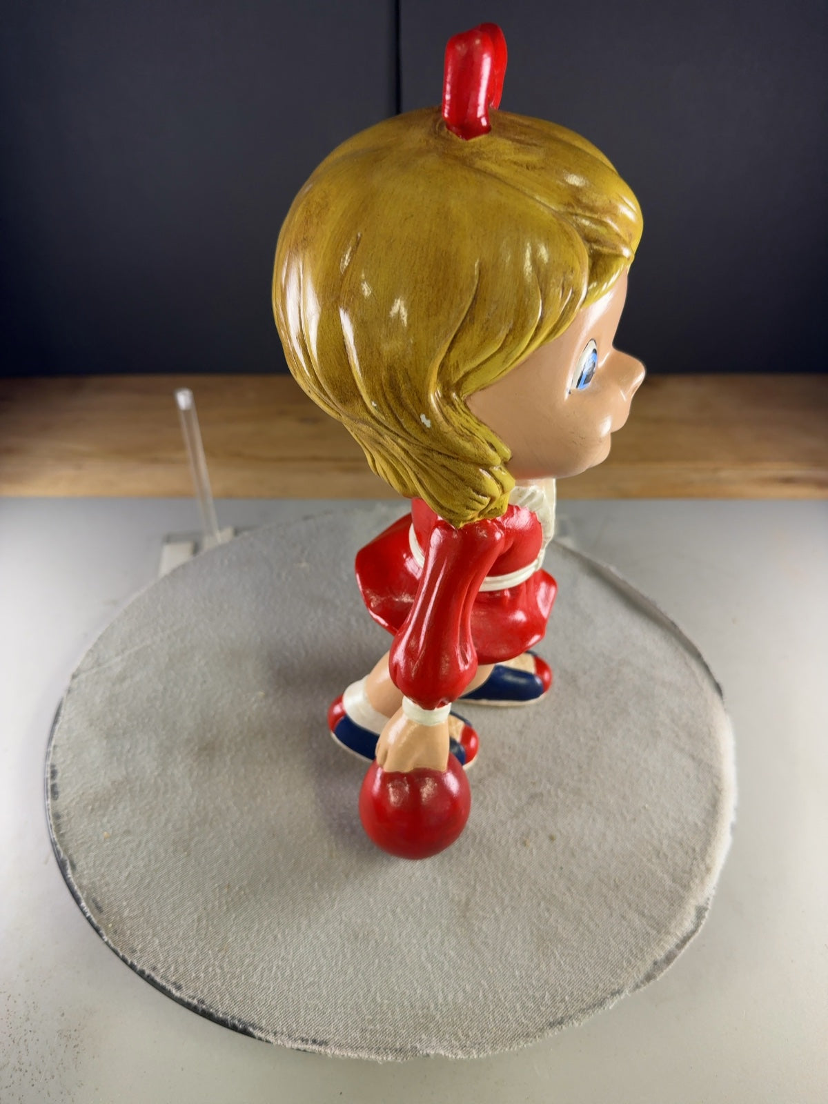 Vintage Big Eyed Bowling Girl Ceramic Figurine Red Dress Blonde Hair