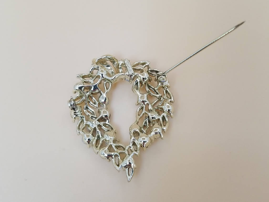 Stunning Vintage Silver Tone Wreath Brooch with Green and Blue Rhinestones