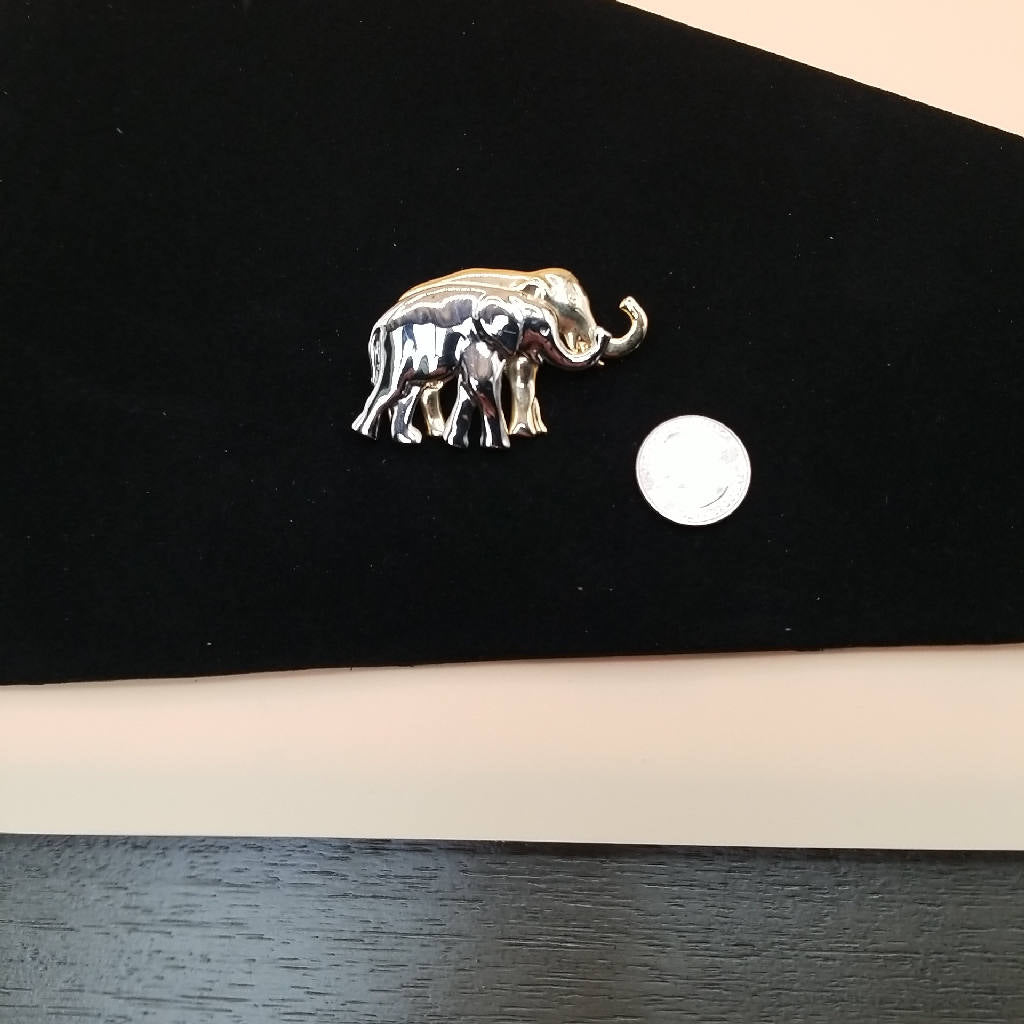 Stunning Elephant Brooch in Silver and Gold Tone - Double Elephant Design