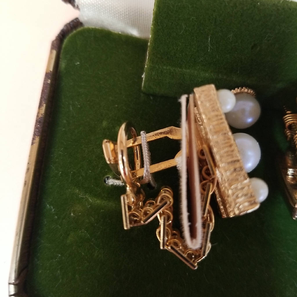 Elegant Pearl and Gold Clip Earrings Set in Original Box