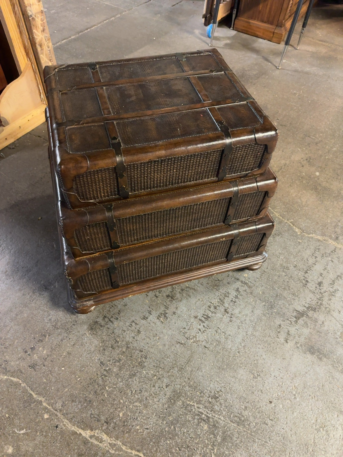 Haverty's Stacked Trunk Style 3-Drawer End Table Woven Rattan & Leather