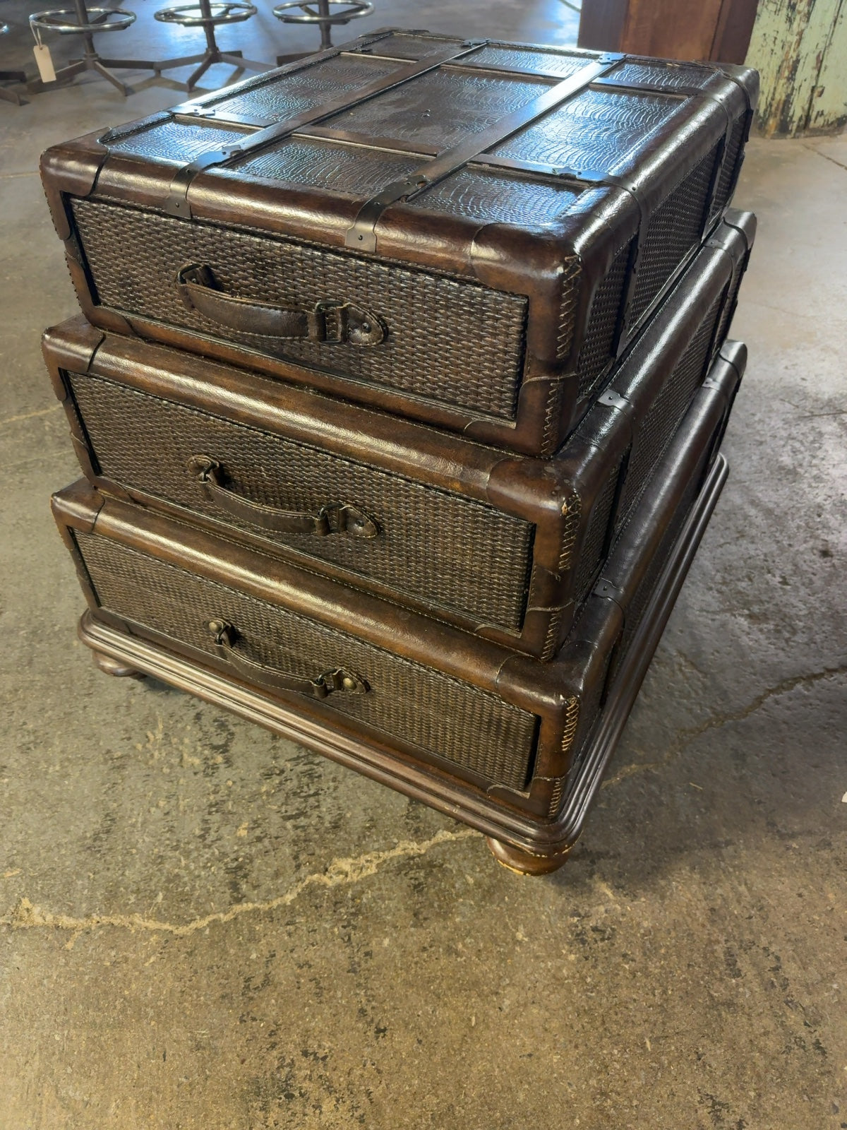 Haverty's Stacked Trunk Style 3-Drawer End Table Woven Rattan & Leather