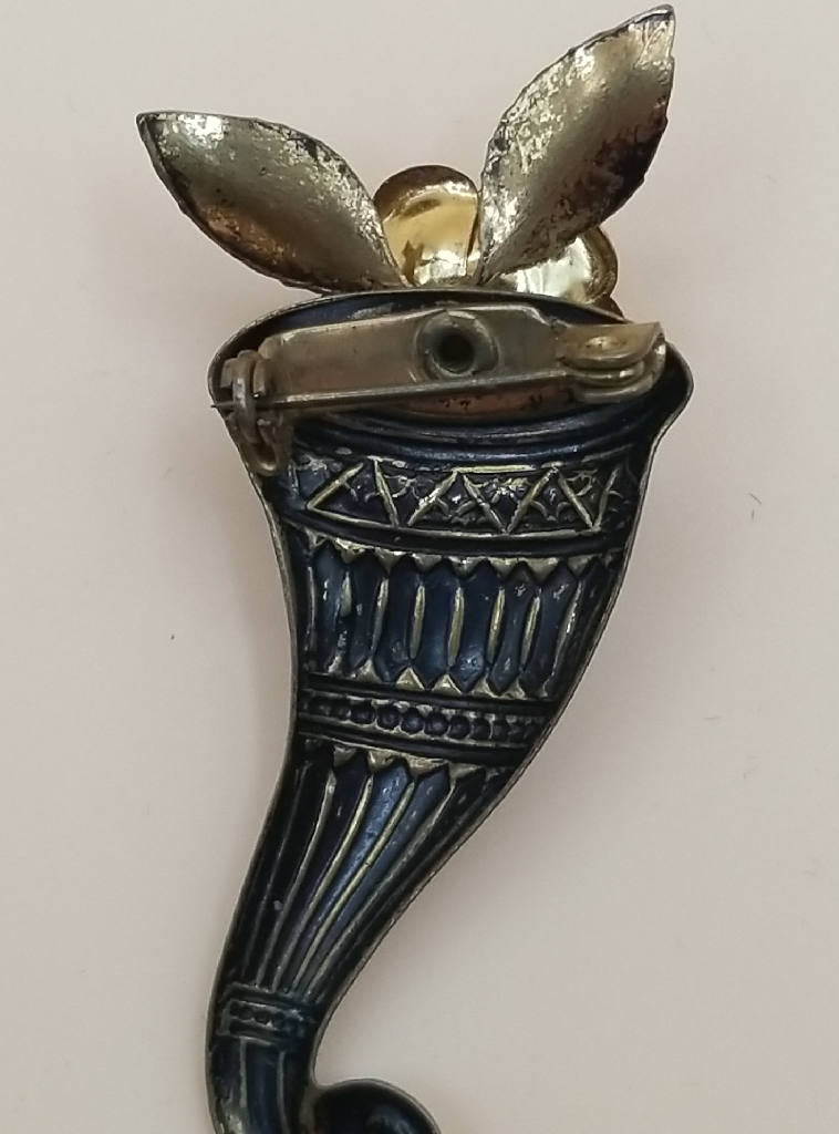 Stunning Unique Cornucopia Brooch Pin with Floral and Leaf Design