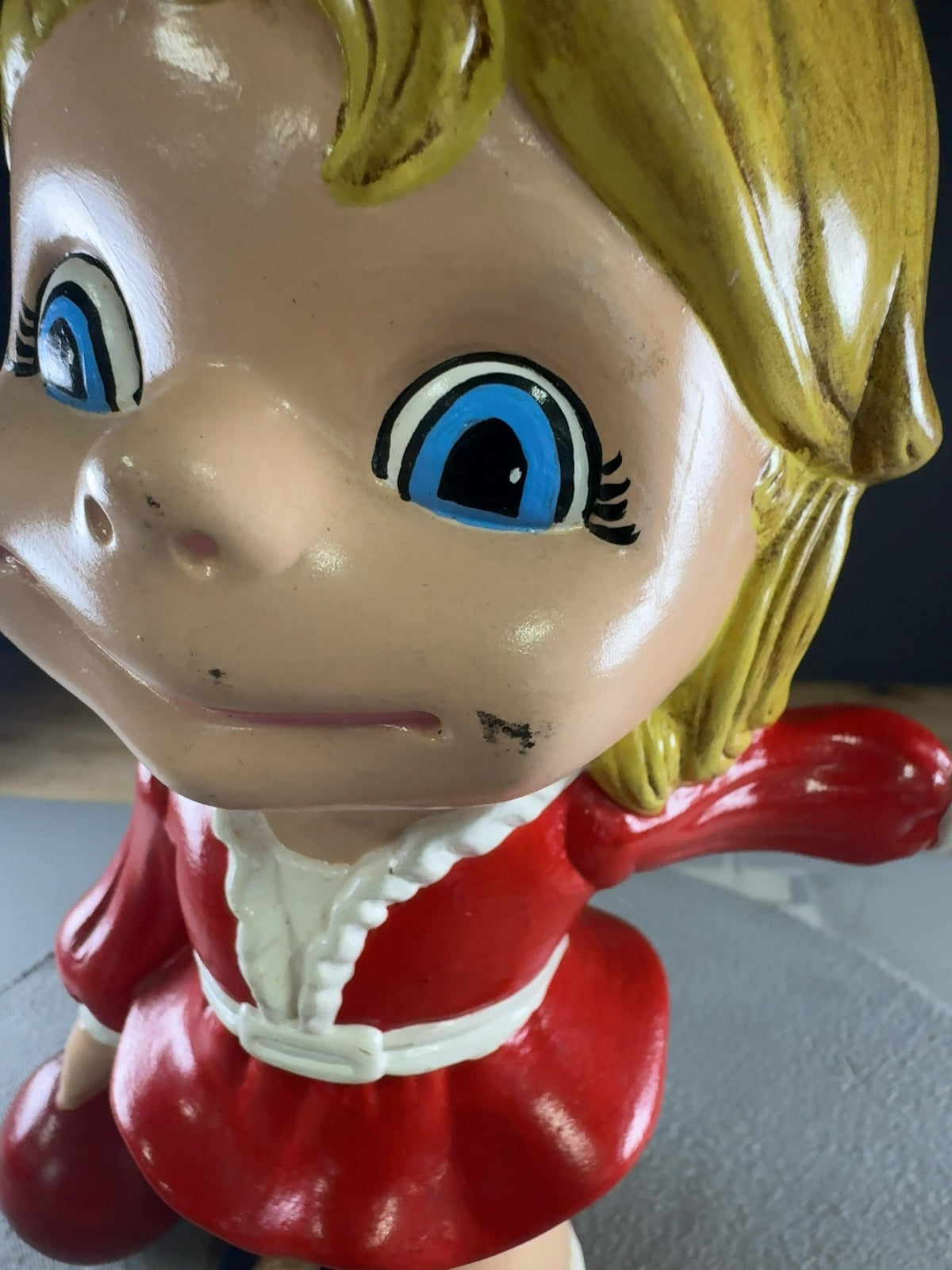 Vintage Big Eyed Bowling Girl Ceramic Figurine Red Dress Blonde Hair