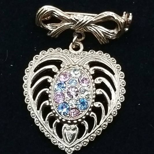 Stunning Vintage Style Heart Brooch with Multicolor Rhinestones and Bow