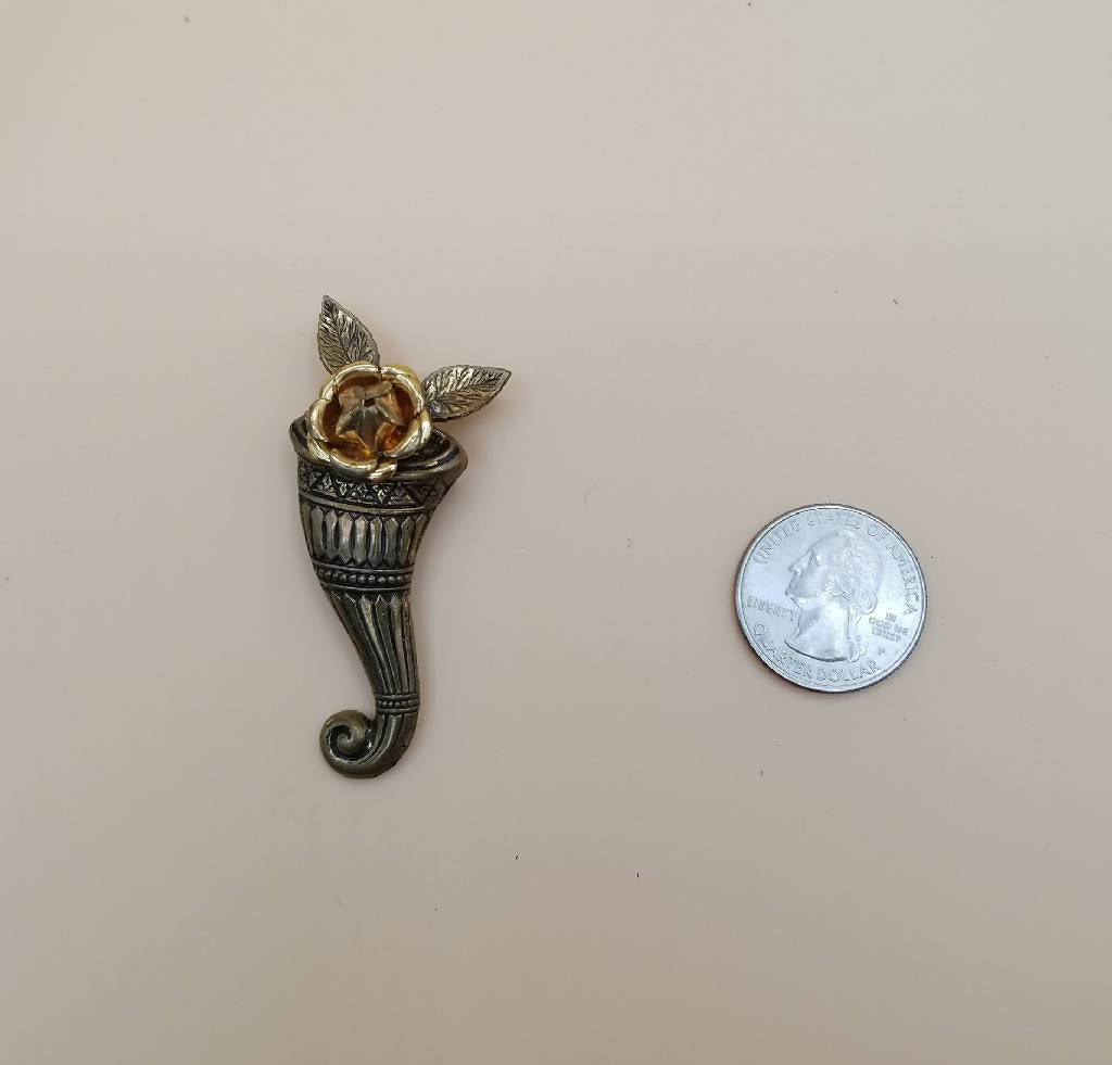 Stunning Unique Cornucopia Brooch Pin with Floral and Leaf Design