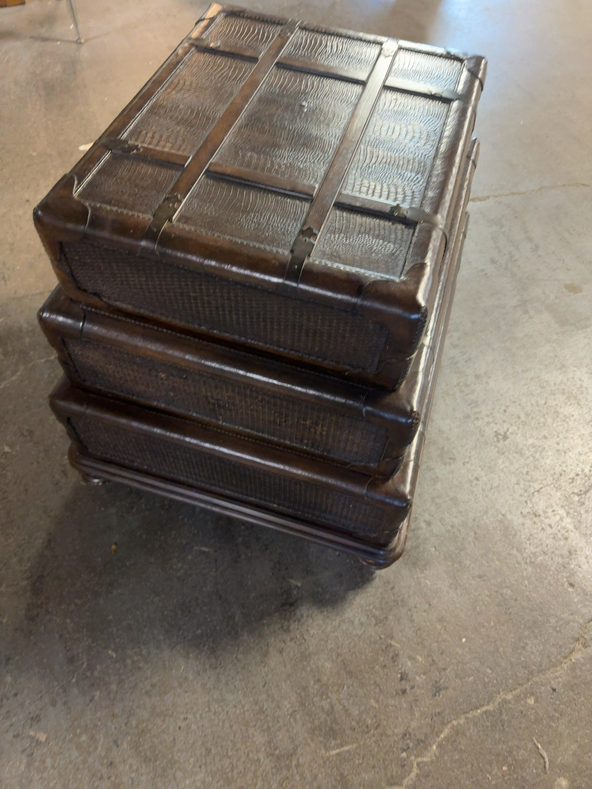 Haverty's Stacked Trunk Style 3-Drawer End Table Woven Rattan & Leather