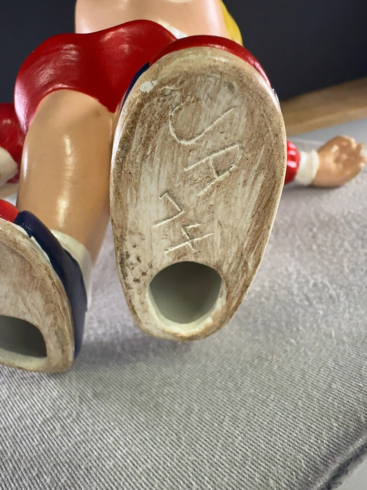 Vintage Big Eyed Bowling Girl Ceramic Figurine Red Dress Blonde Hair