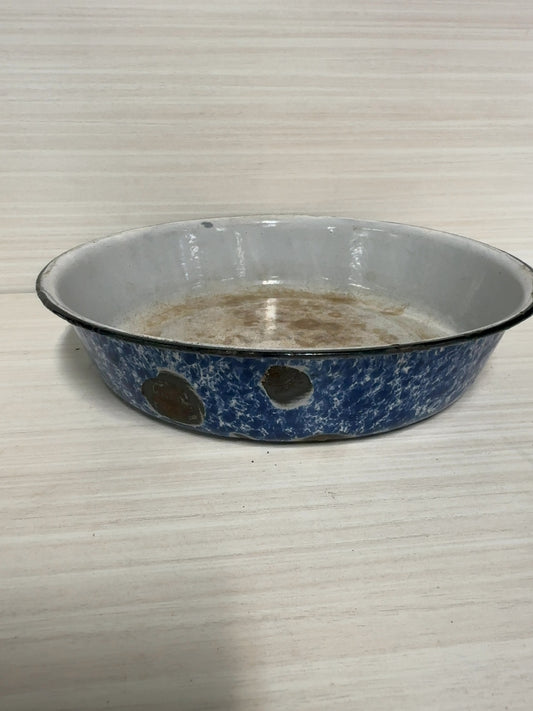 Vintage Blue Spatterware Enamelware Round Baking Pan Basin Graniteware
