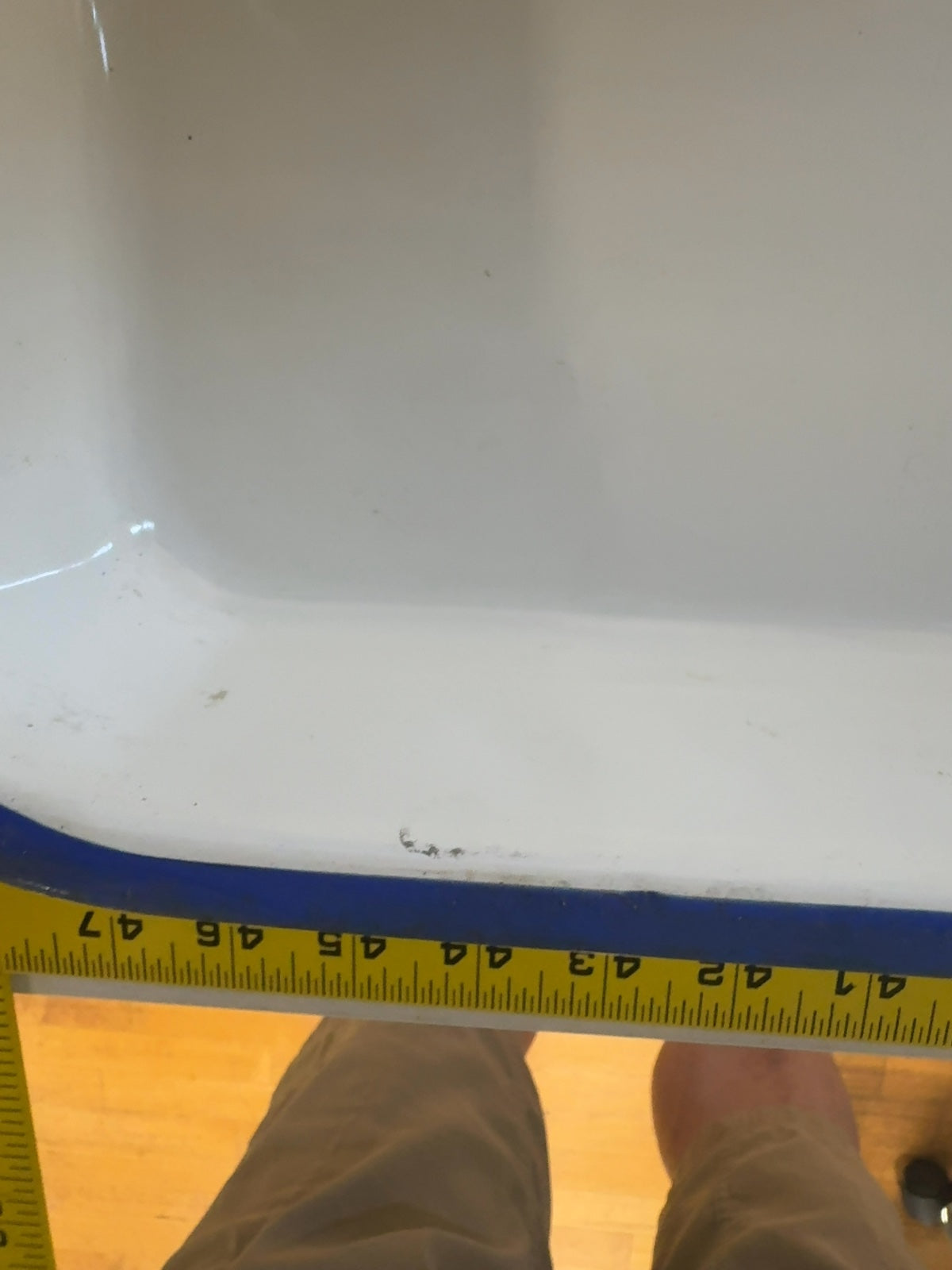 White Enamel Tray with Blue Rim Rectangular Metal Pan Vintage Style
