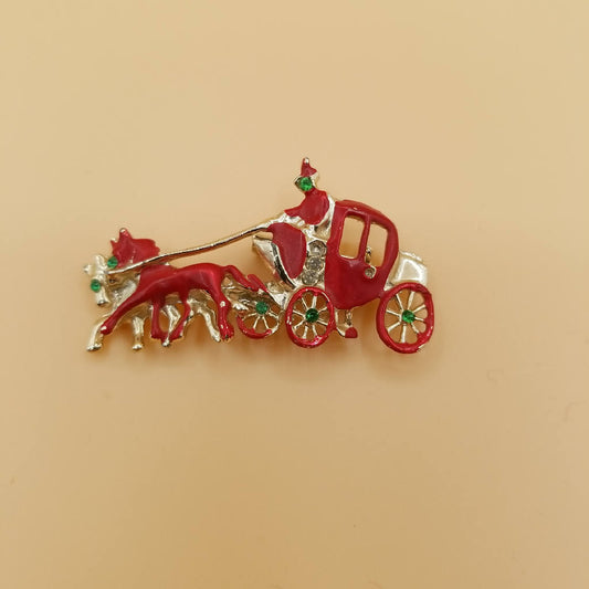 Charming Horse-Drawn Carriage Enamel Brooch Pin