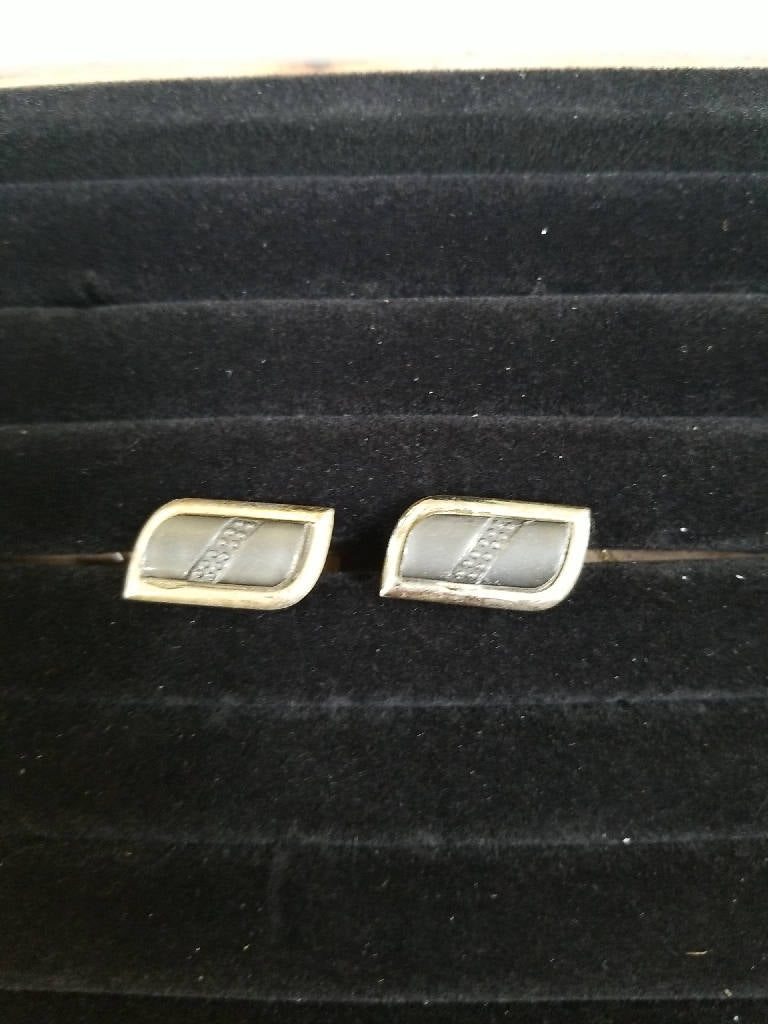 Stunning Vintage Gray Rectangular Cufflinks with Gold Tone Trim