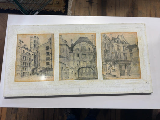 Vintage French Street Scene Triptych Print Panel - Paris Architecture 30" x 15"