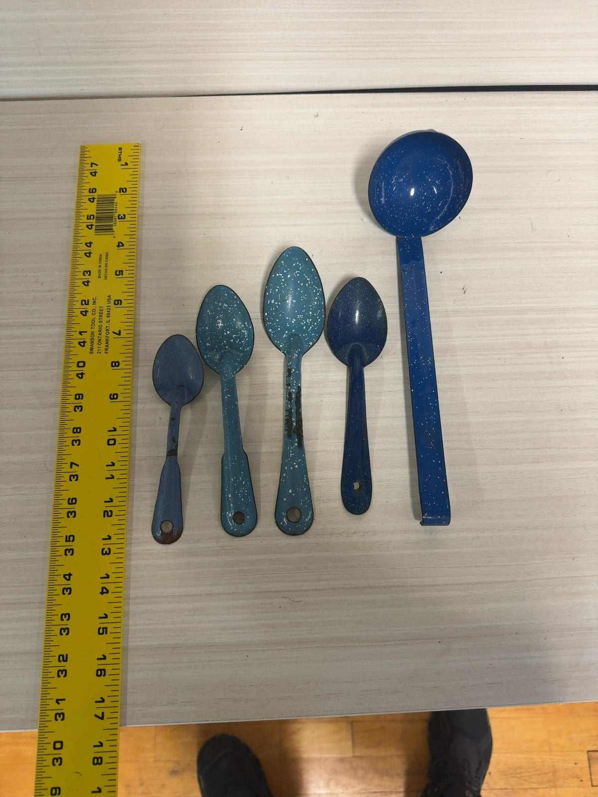 Vintage Blue Speckled Enamelware Spoon & Ladle Set of 5 Graniteware