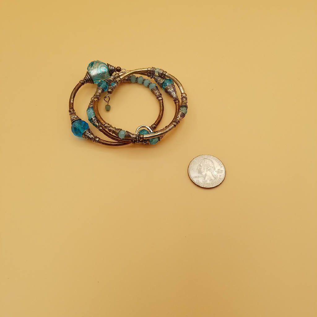 Stunning Blue Beaded Wire Wrap Bangle Bracelet Set