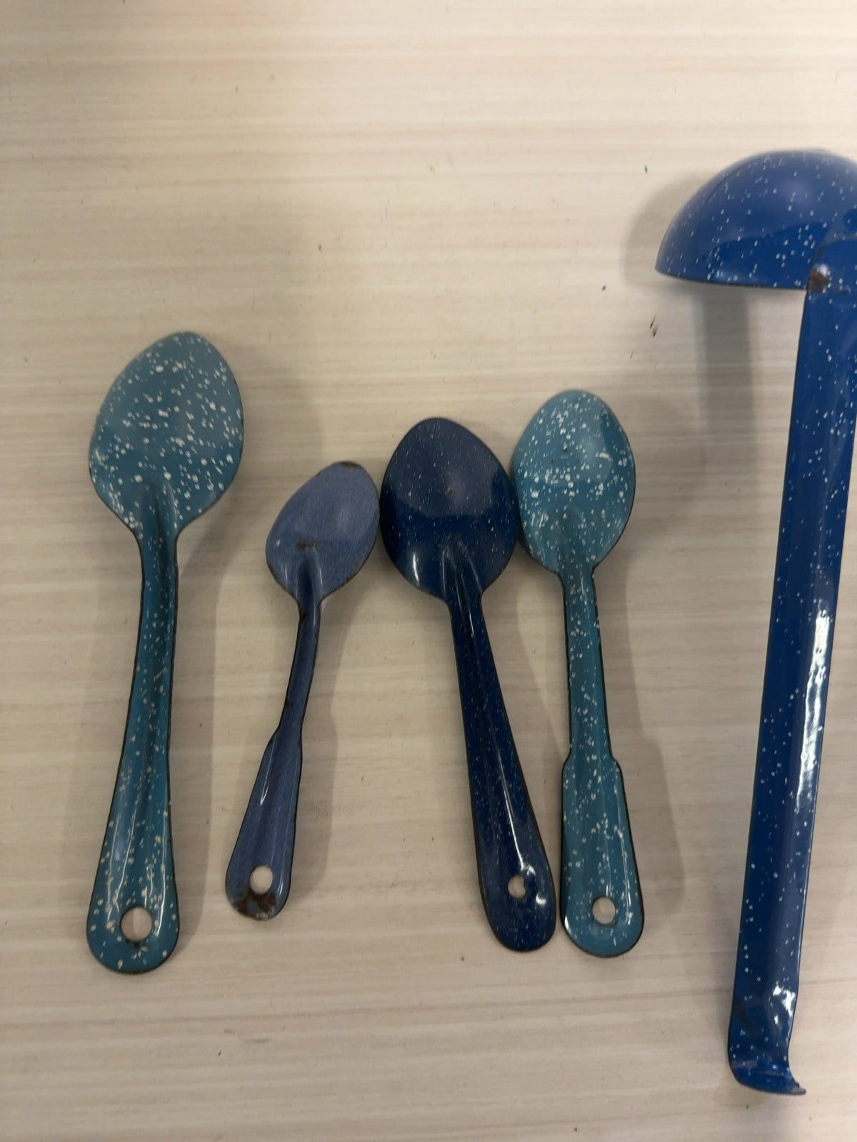 Vintage Blue Speckled Enamelware Spoon & Ladle Set of 5 Graniteware