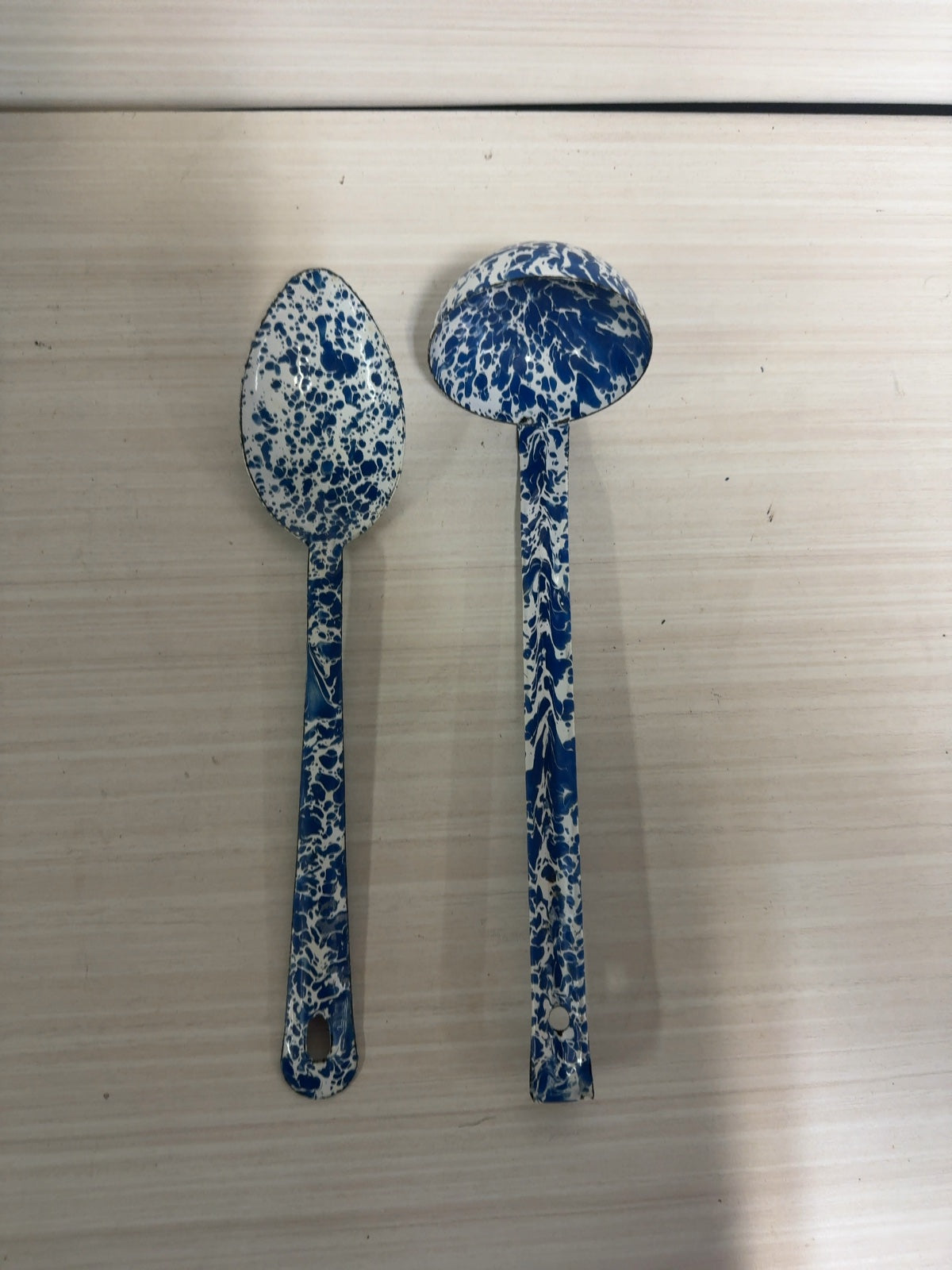 Blue and White Splatter Enamelware Serving Spoon and Ladle Set Vintage Style