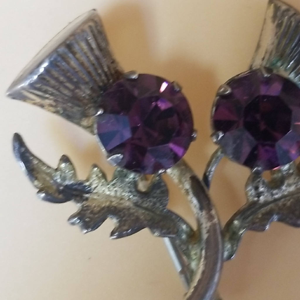 Stunning Silver Tone Thistle Brooch with Purple Rhinestones