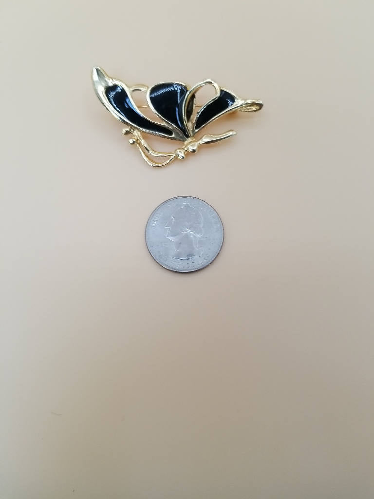 Elegant Gold Tone Blue Enamel Leaf Brooch Pin
