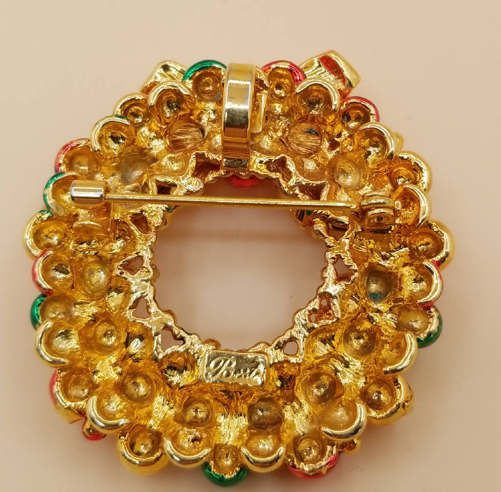 Stunning Festive Wreath Christmas Brooch with Multicolor Beads and Bow