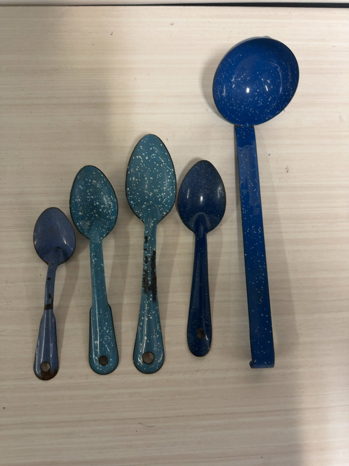 Vintage Blue Speckled Enamelware Spoon & Ladle Set of 5 Graniteware