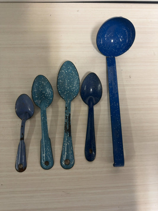 Vintage Blue Speckled Enamelware Spoon & Ladle Set of 5 Graniteware