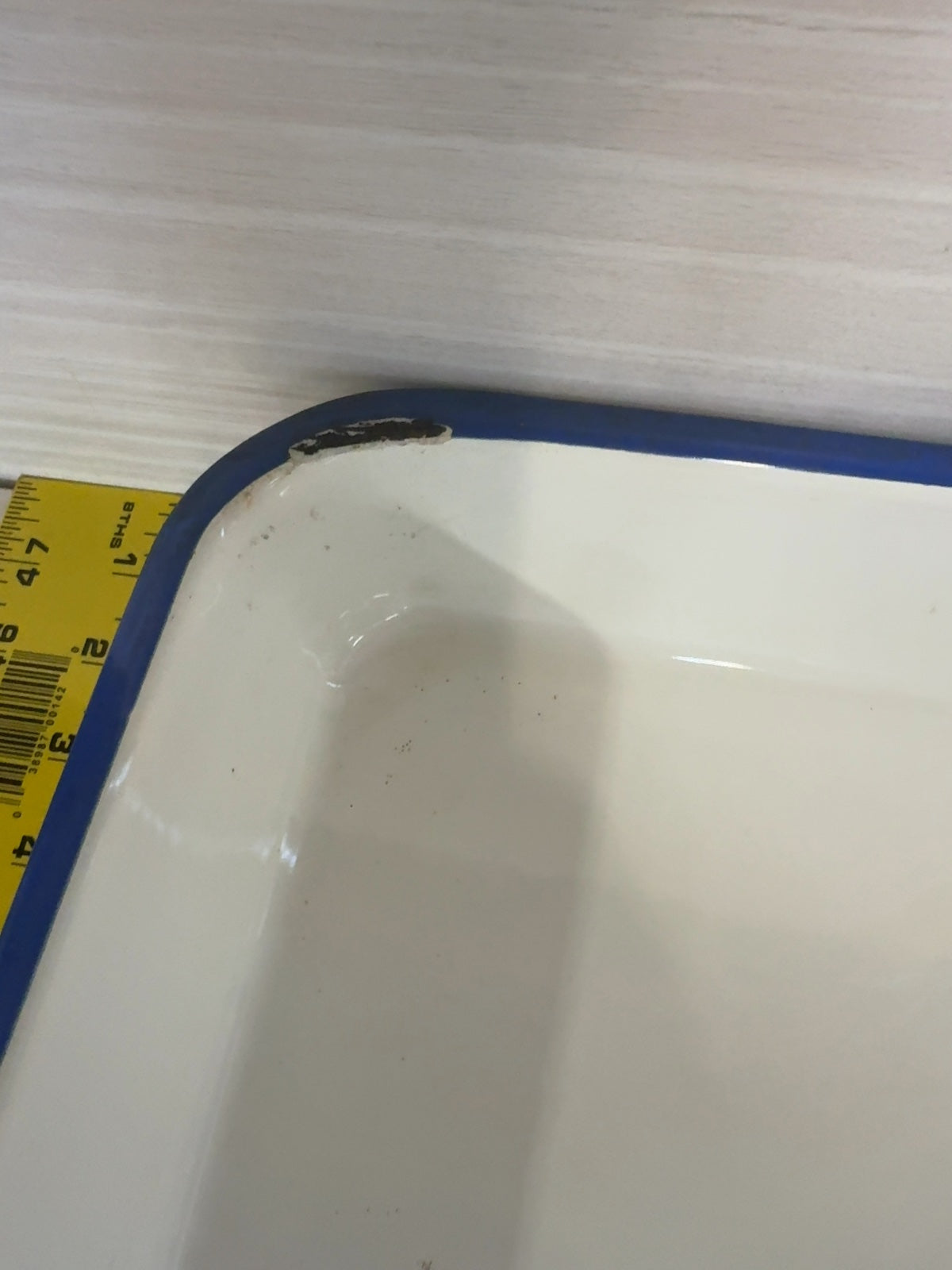 White Enamel Tray with Blue Rim Rectangular Metal Pan Vintage Style