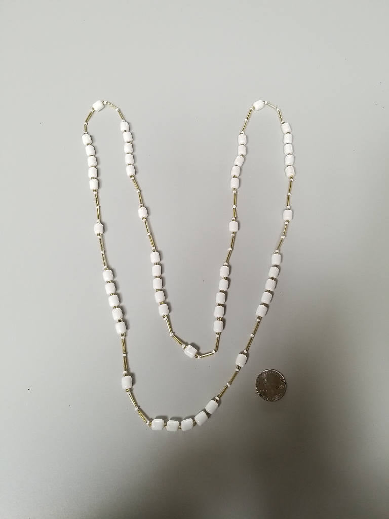 Stunning Vintage Gold Tone and White Bead Necklace 36 Inches