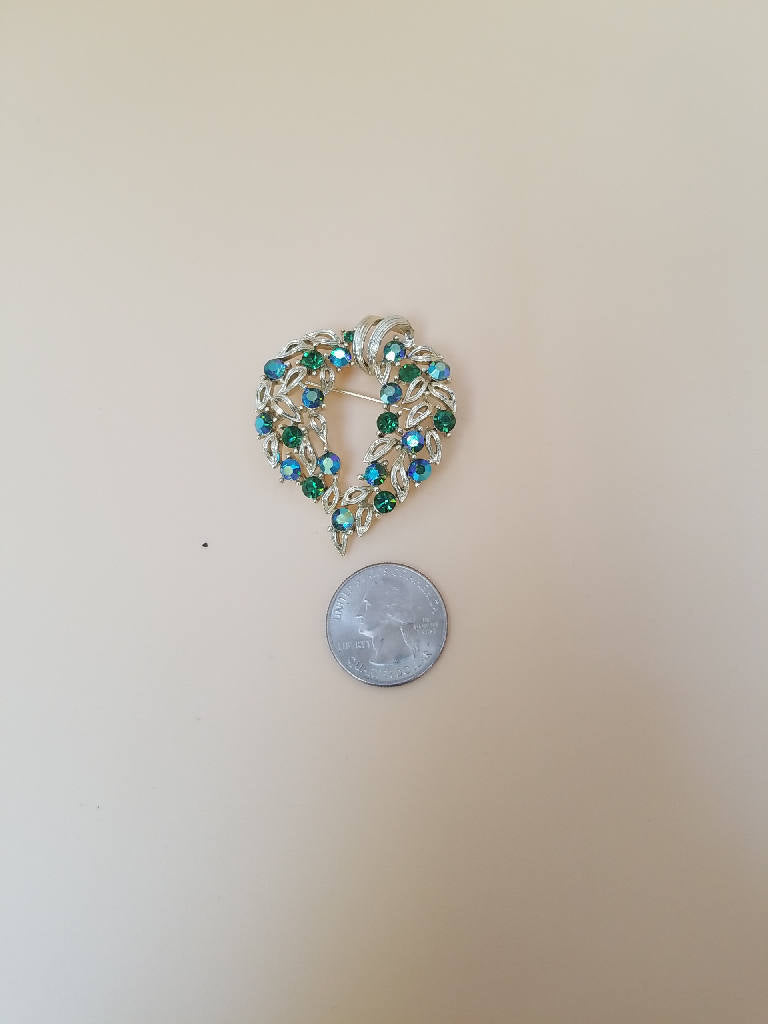 Stunning Vintage Silver Tone Wreath Brooch with Green and Blue Rhinestones