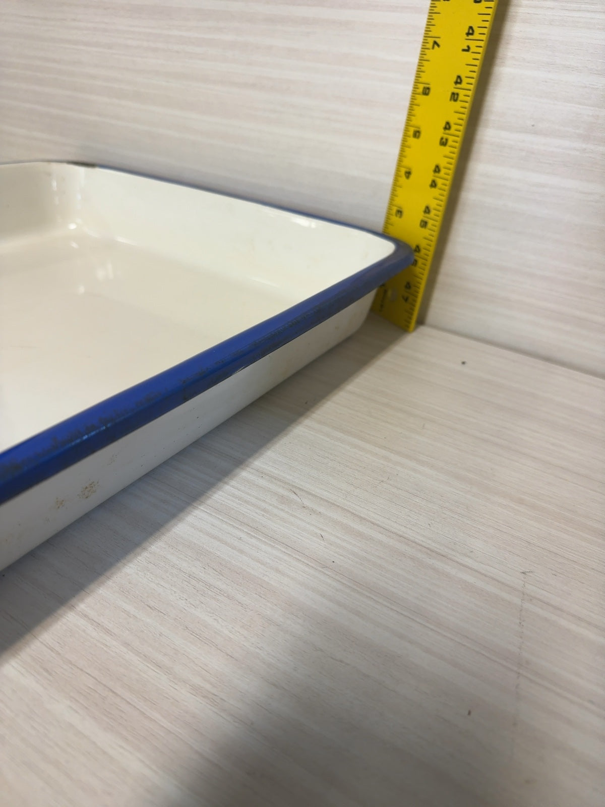 White Enamel Tray with Blue Rim Rectangular Metal Pan Vintage Style
