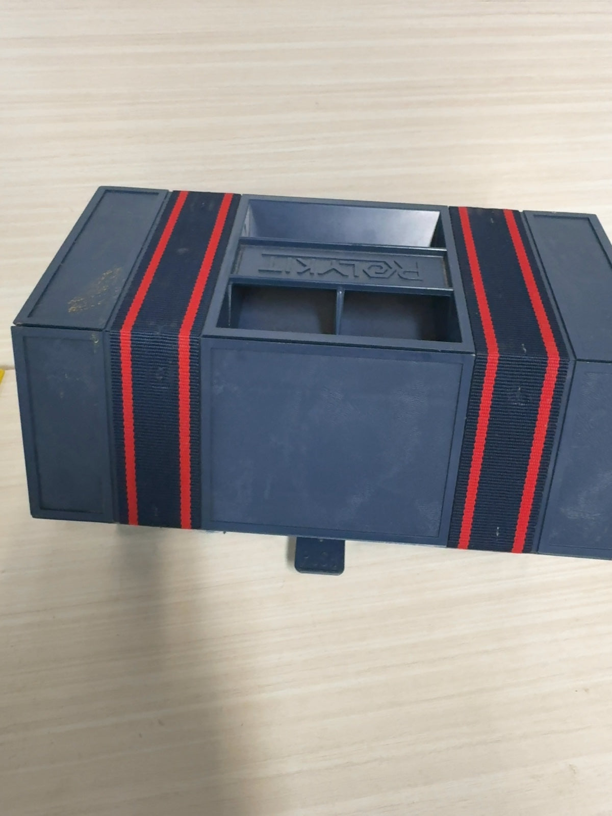Rolykit Vintage Roll-Up Compartment Storage Organizer Box Navy Blue Red Stripe