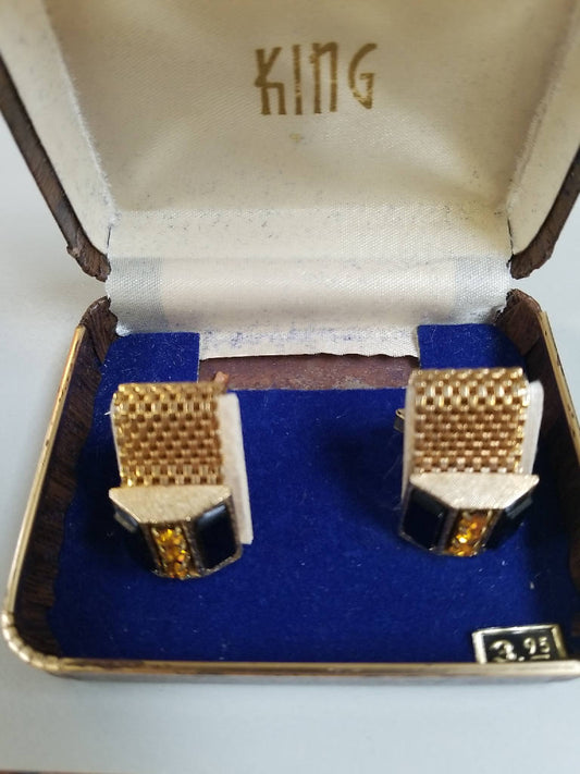 Stunning Vintage King Cufflinks Gold Tone with Black and Amber Stone Detailing