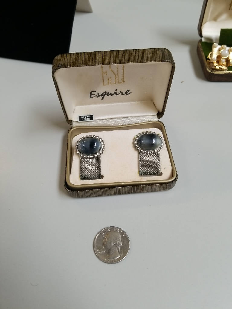 Stunning Vintage Esquire Silver Cufflinks with Cat's Eye Stone