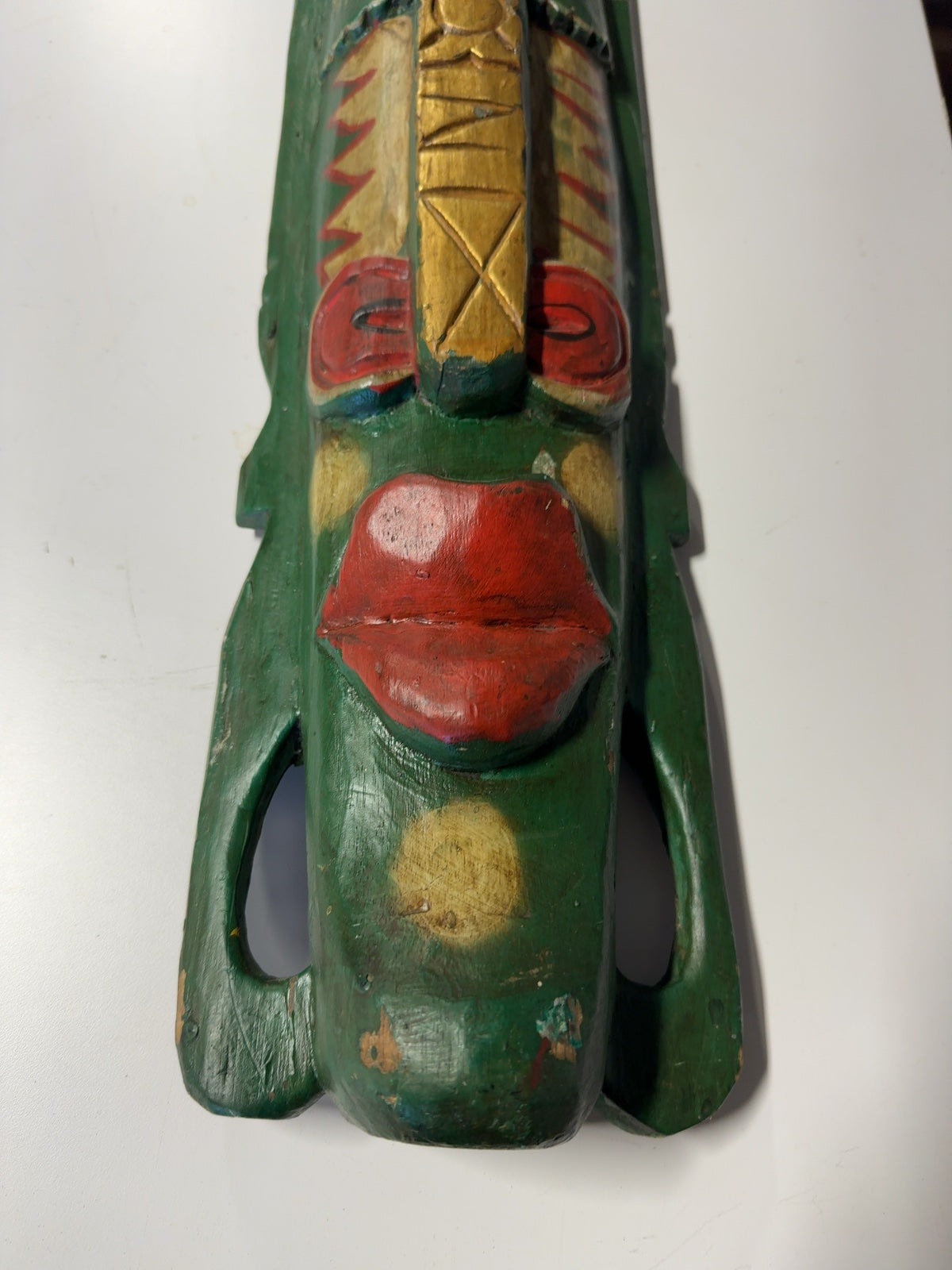 Large Hand-Carved Wood Tiki Mask Wall Hanging Green Red Gold Tribal Decor