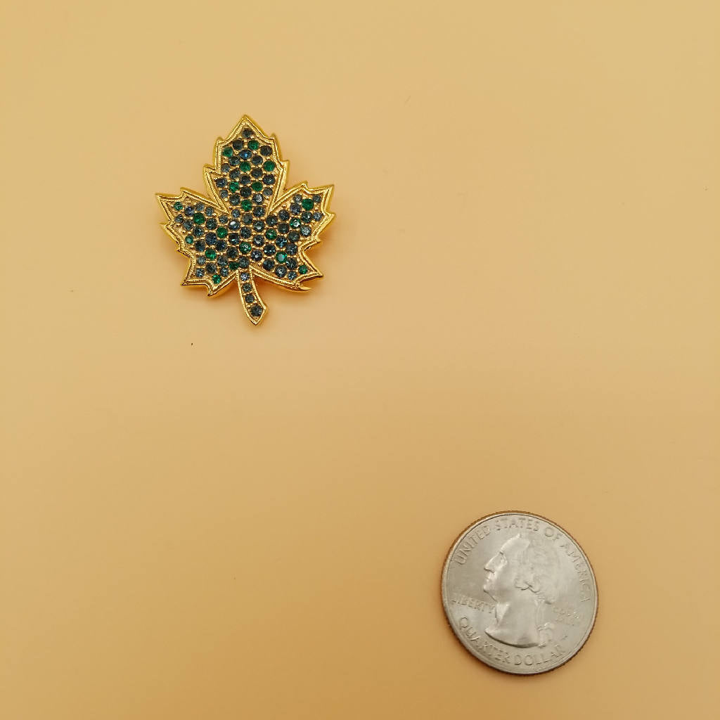 Stunning Blue and Green Rhinestone Leaf Brooch Pin
