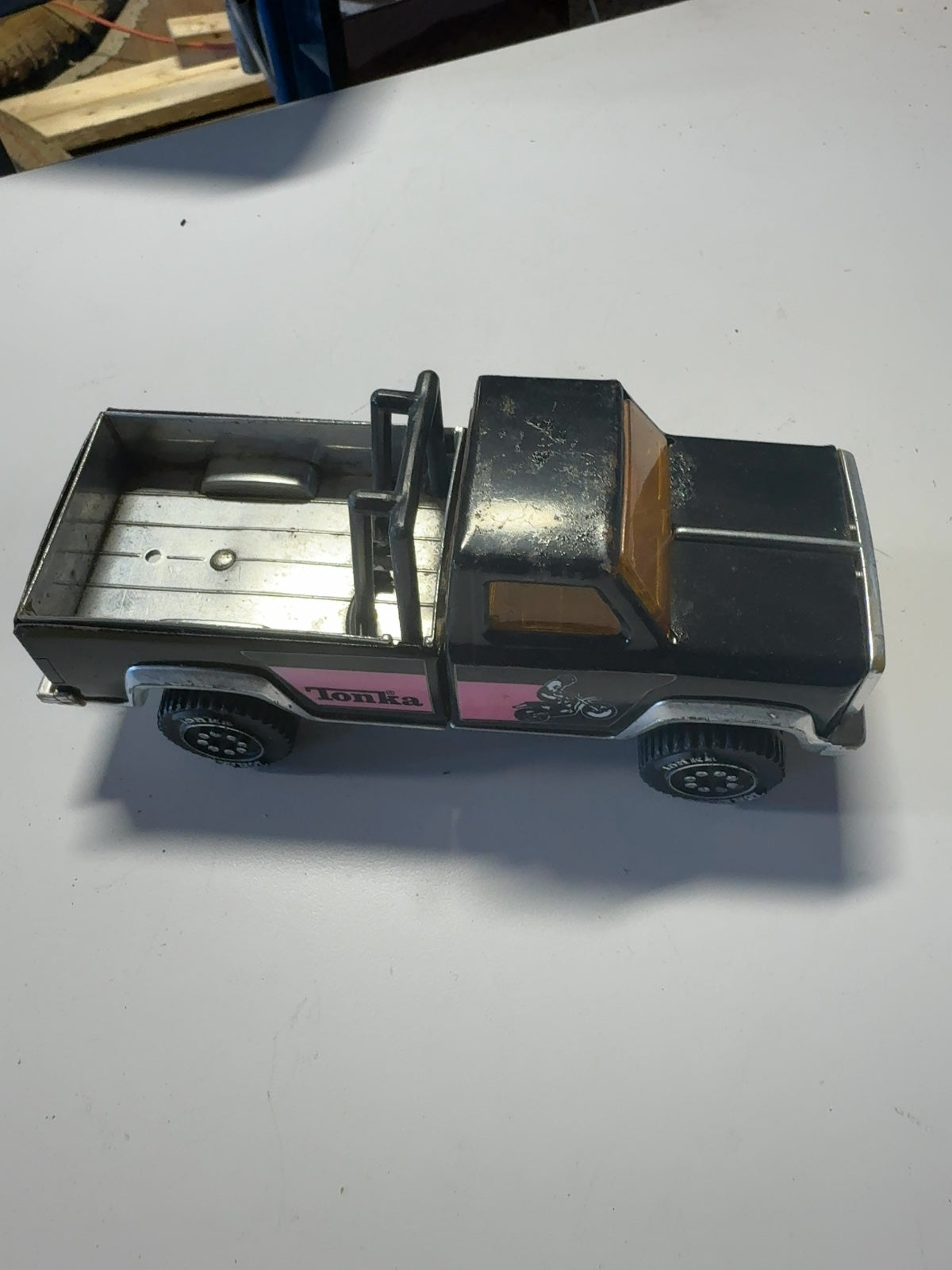Vintage Tonka Pickup Truck Black & Pink Pressed Steel Toy with Roll Bar