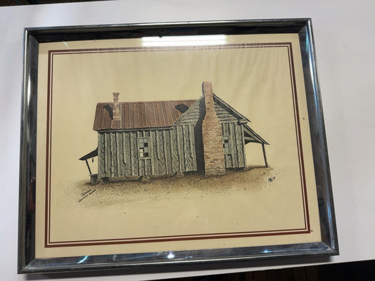 Framed Signed Print of Rustic Cabin with Brick Chimney 20x16 Pen & Ink Style