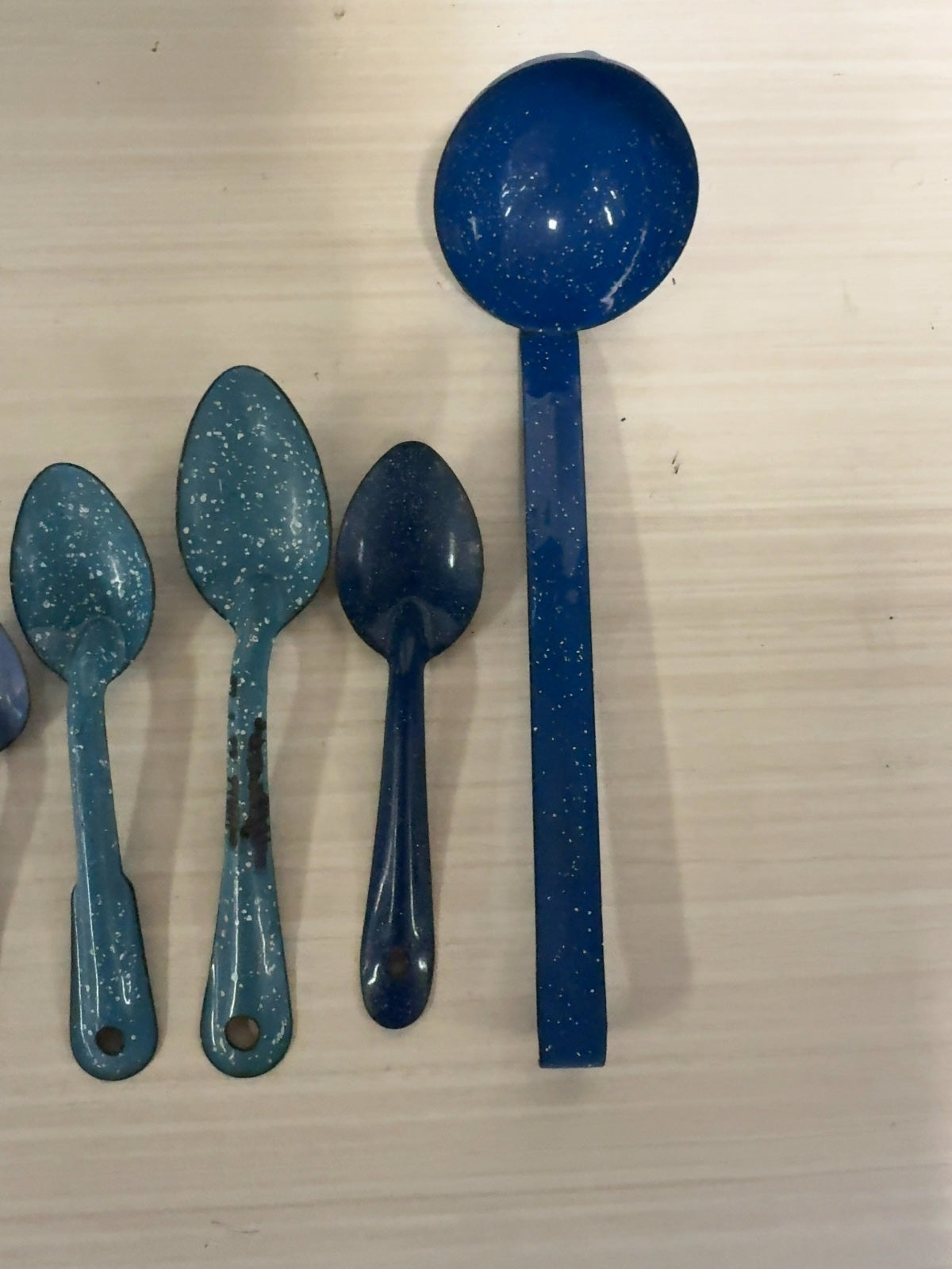 Vintage Blue Speckled Enamelware Spoon & Ladle Set of 5 Graniteware