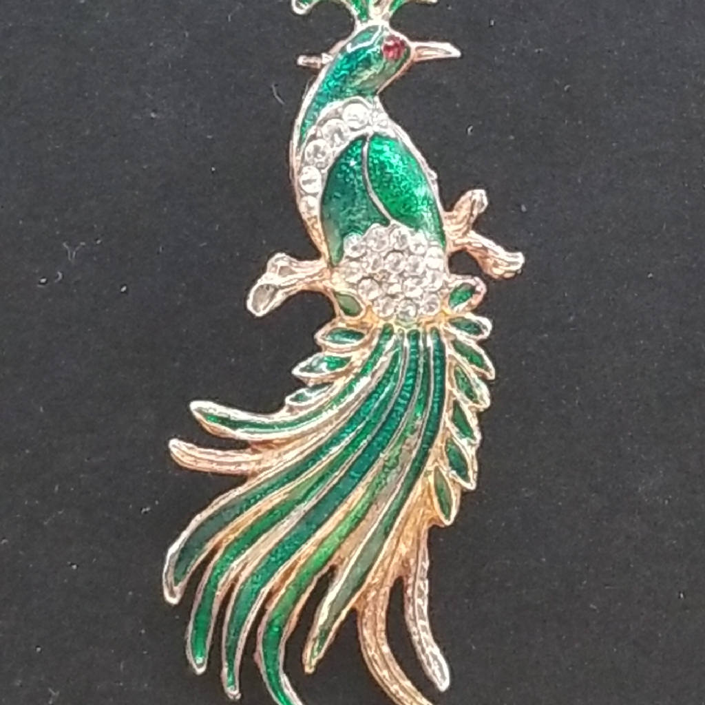 Stunning Green Enamel Peacock Brooch Pin with Crystal Accents