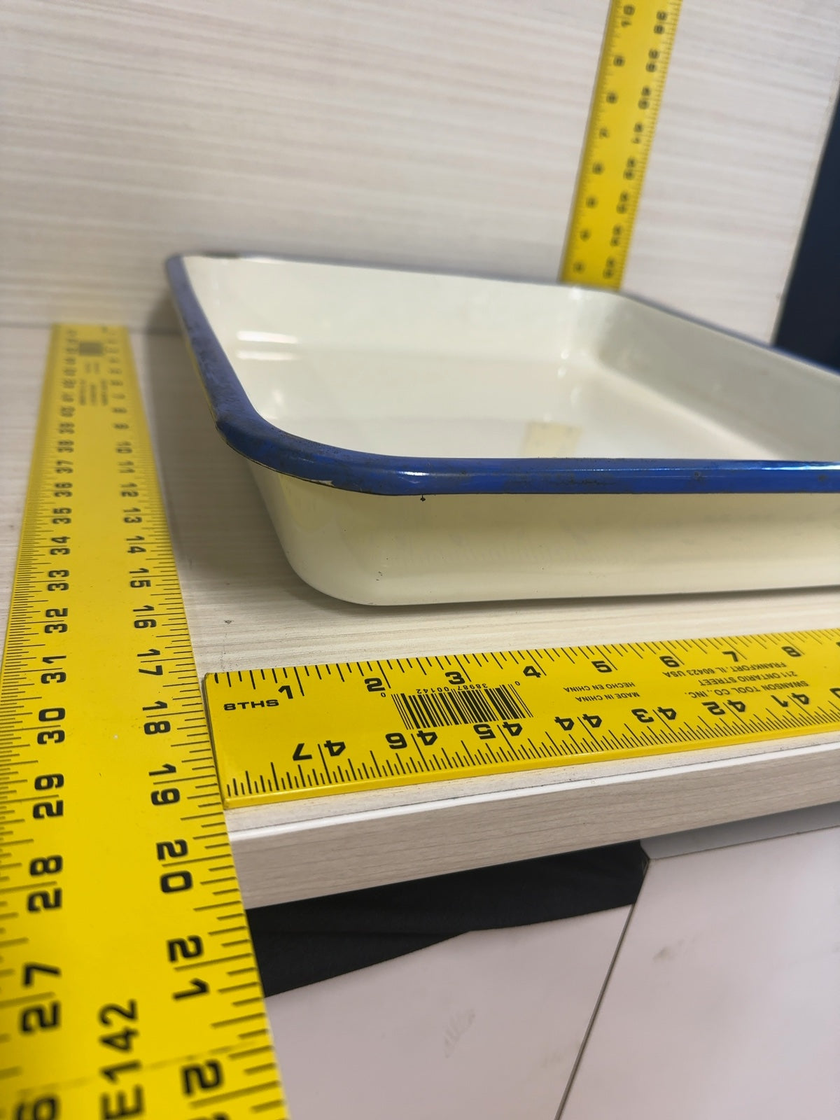 White Enamel Tray with Blue Rim Rectangular Metal Pan Vintage Style