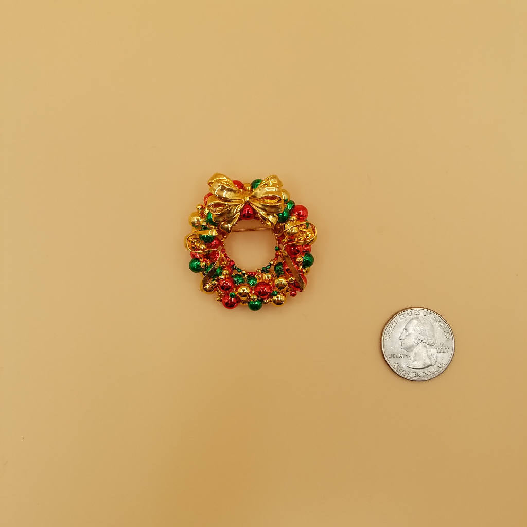 Stunning Festive Wreath Christmas Brooch with Multicolor Beads and Bow