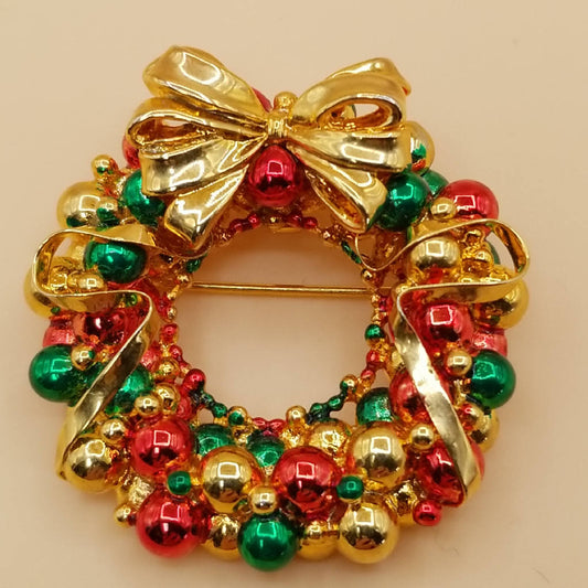 Stunning Festive Wreath Christmas Brooch with Multicolor Beads and Bow