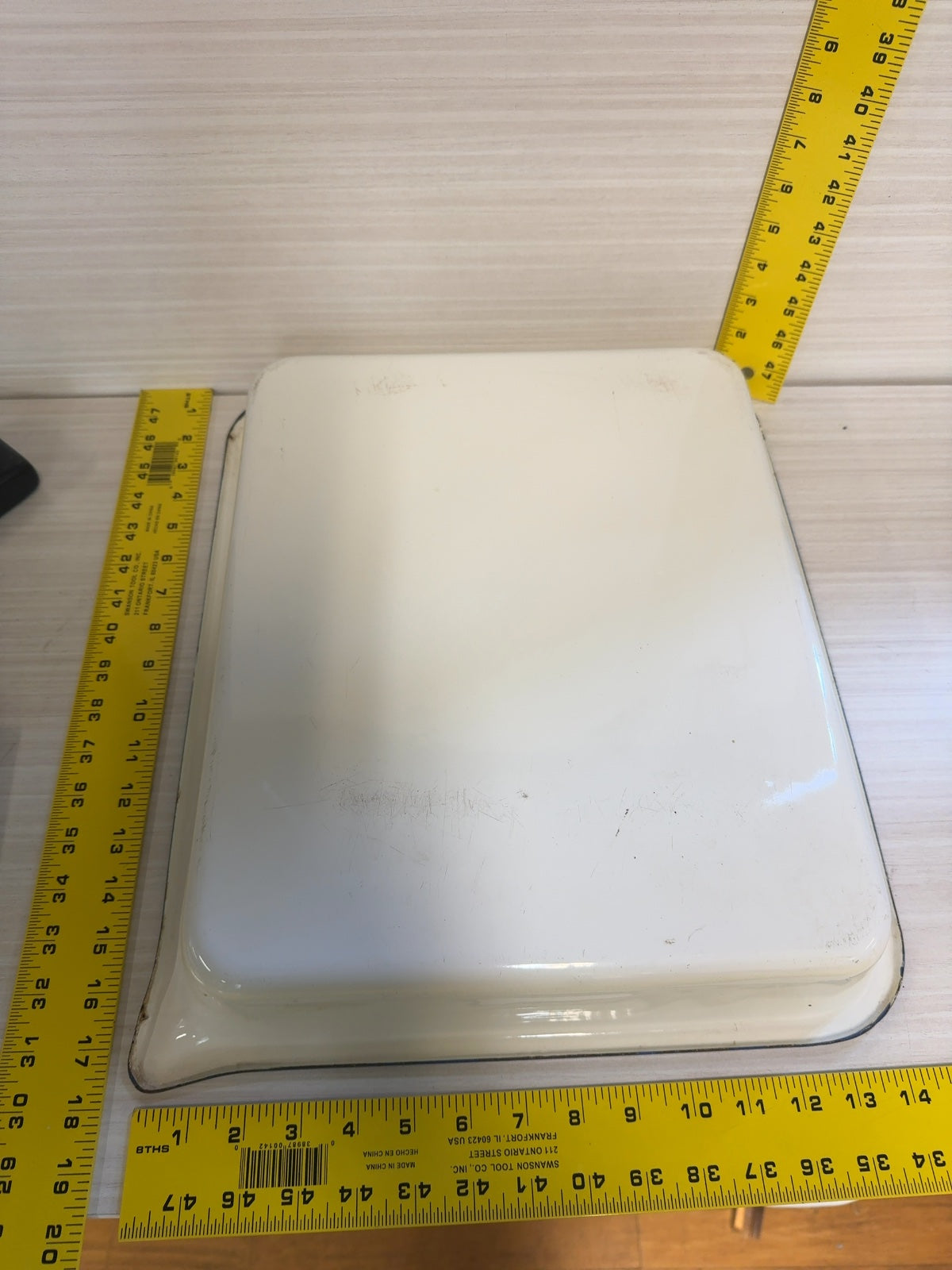 White Enamel Tray with Blue Rim Rectangular Metal Pan Vintage Style